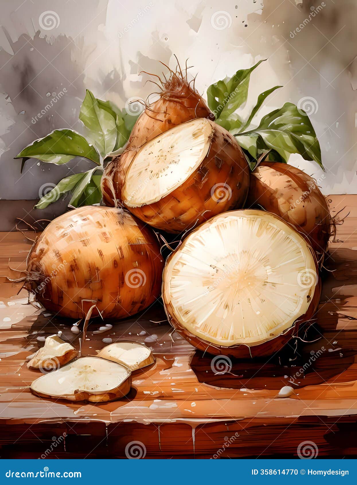 brown round tubers with green leaves, some sliced to reveal white flesh, on a wooden surface