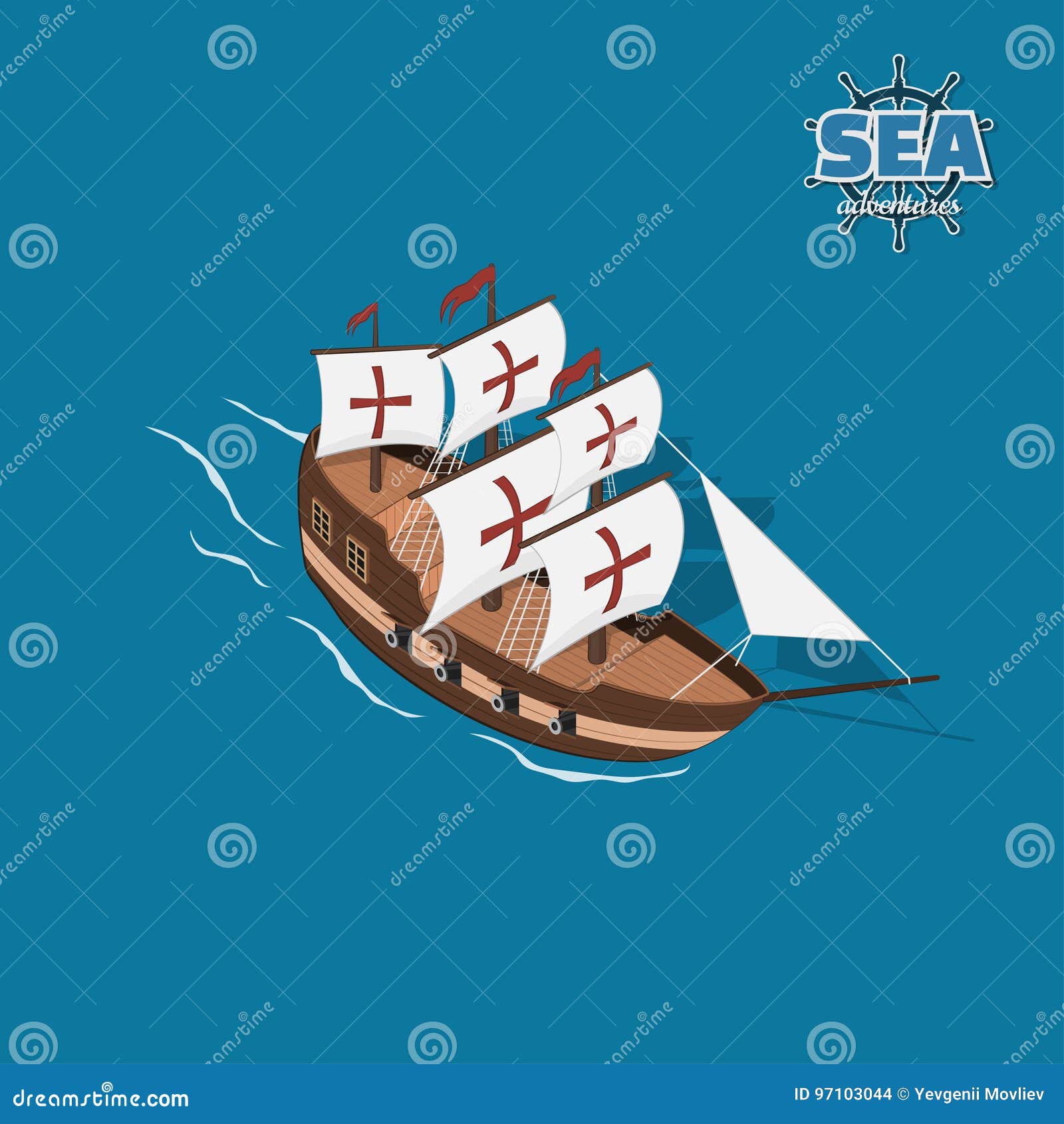 brown sailer on a blue background. sailboat in isometric style. 3d  of ancient ship. pirate game