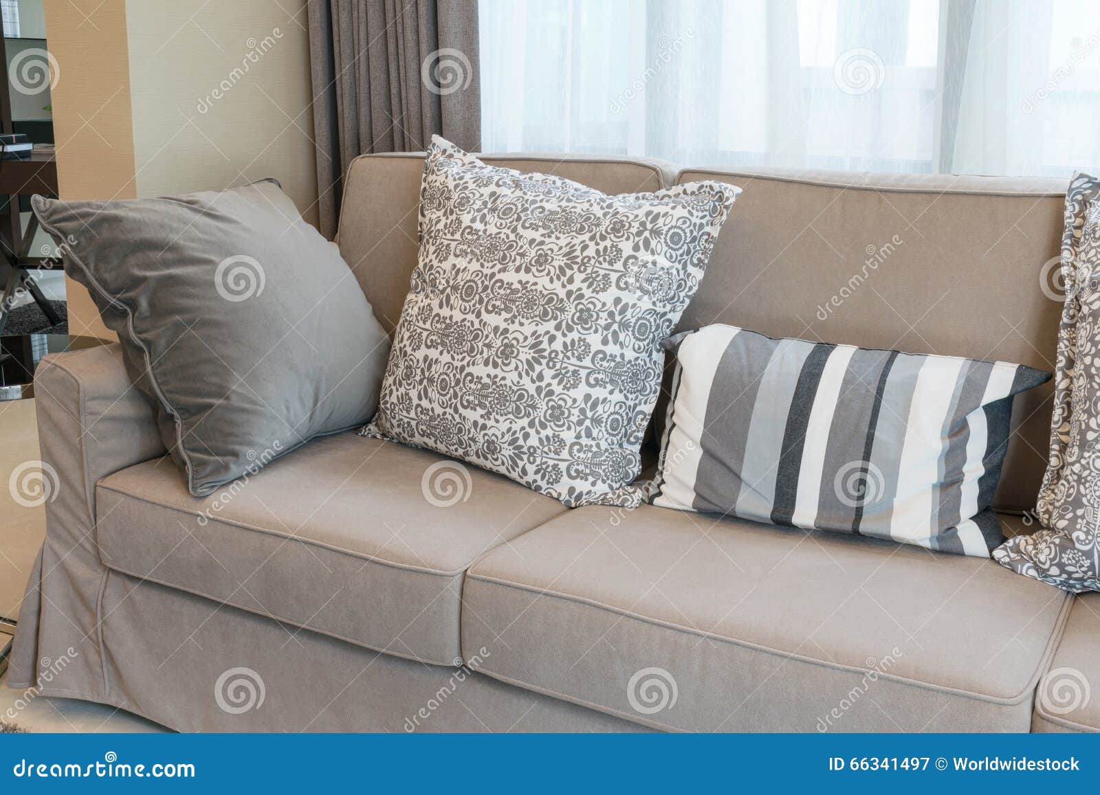 Brown Sofa with Grey Patterned Pillows Stock Image - Image of pattern, couch: 66341497 Brown Sofa With Grey Patterned Pillows Stock Image - Image Of Pattern, Couch: 66341497
