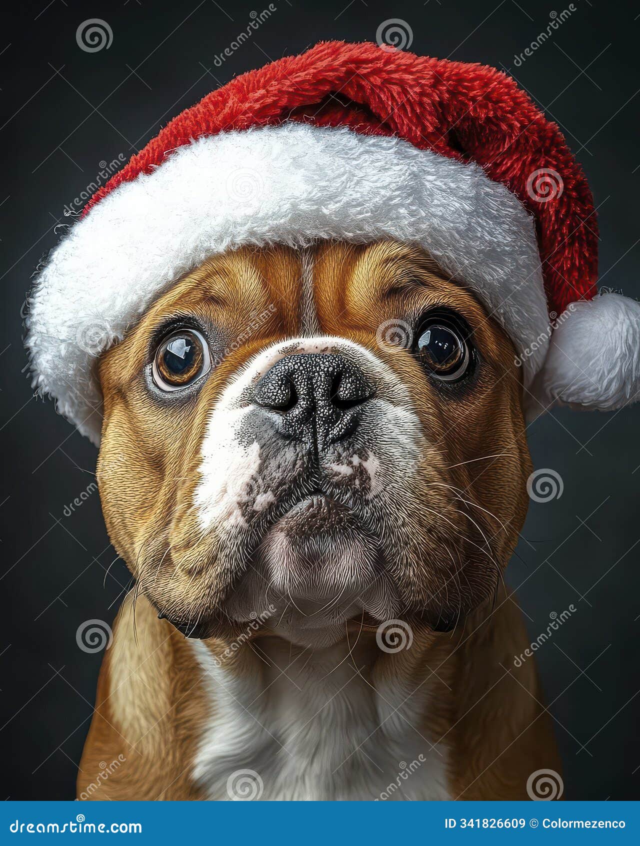brown and white bulldog in santa hat close-up