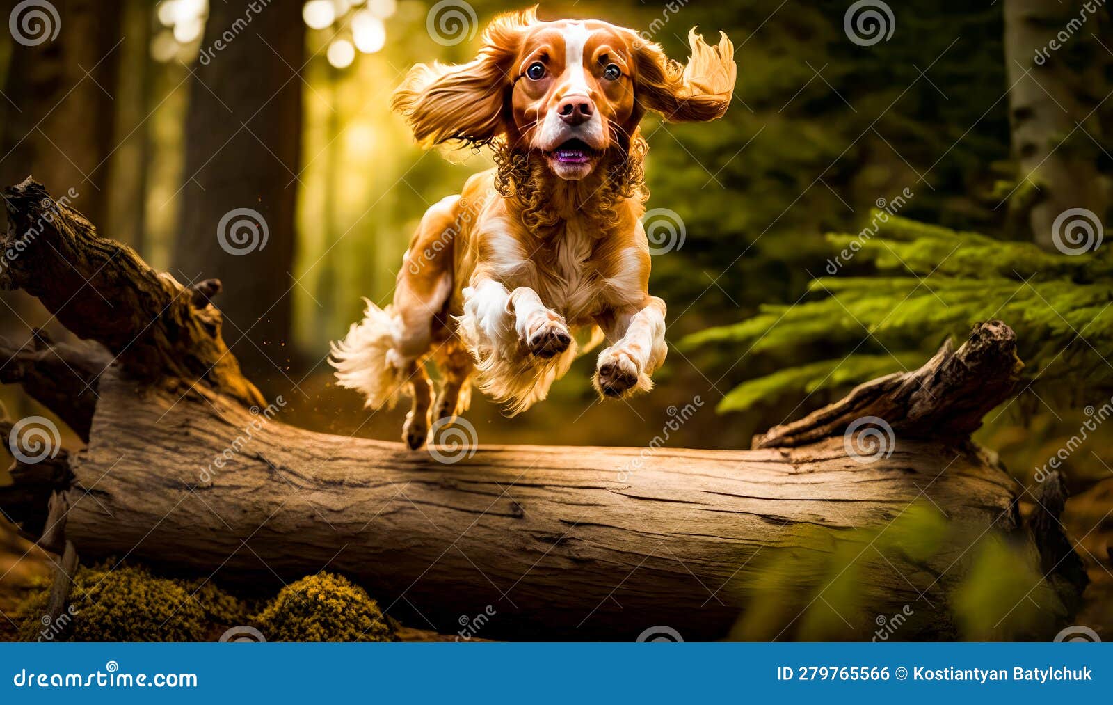 Brown and White Dog Jumping Over Log in the Air in Forest. Generative