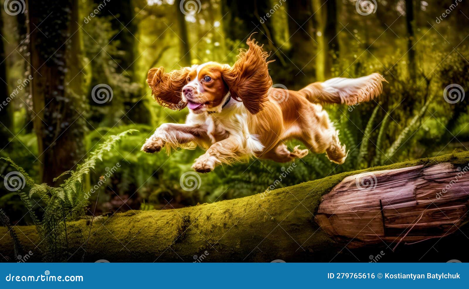 Brown and White Dog Jumping Over Log into the Air in Forest. Generative