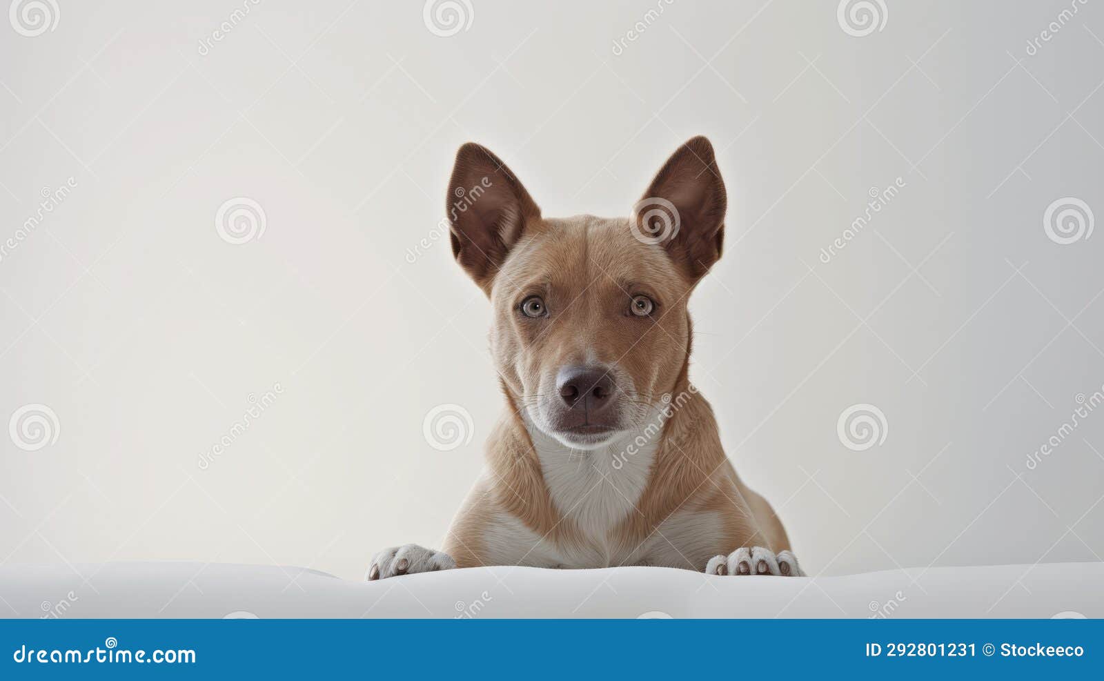 eye-catching brown and white dog on white background