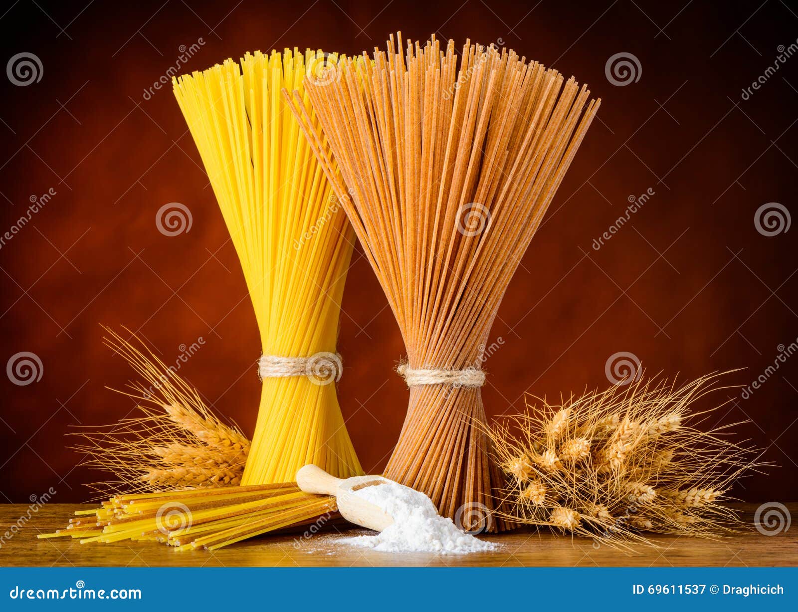 Brown and Yellow Spaghetti with Wheat and Flour Stock Image Image of