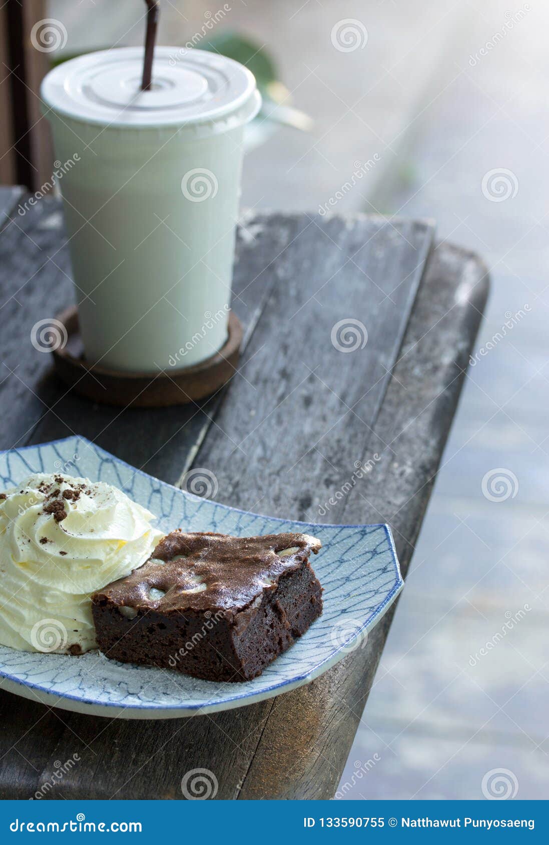 Brownie Cake with Whipped Cream and Coffee Stock Image Image of cream