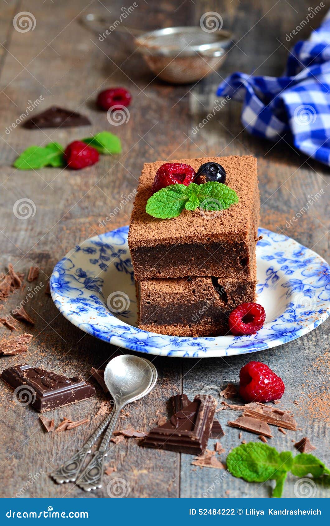 Brownies Decorated with Raspberry and Mint Leaf. Stock Photo Image of portion, baking 52484222