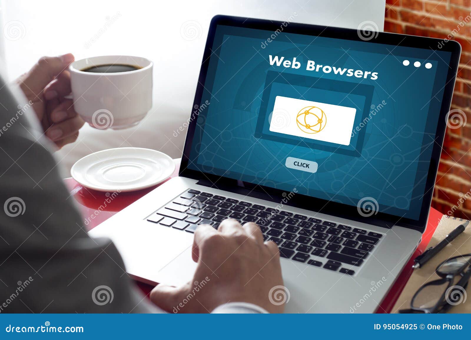 Browser Http Man Use Computer  Browsers Online Networking Con Stock