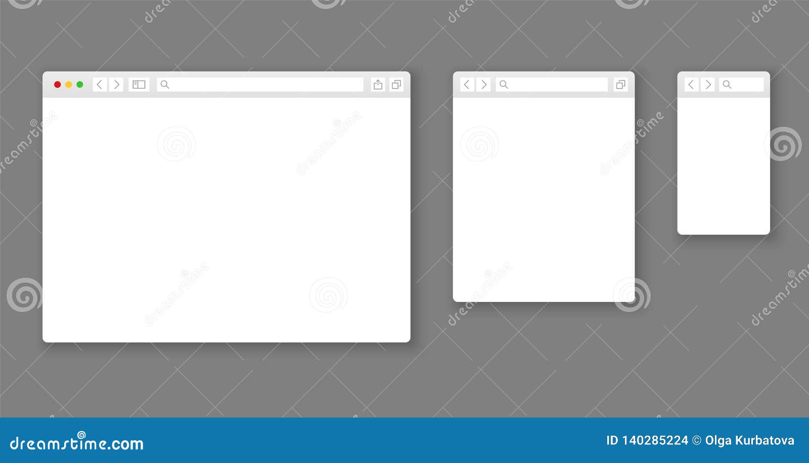 browser mockups. website different devices web window mobile screen internet flat template empty page network row set