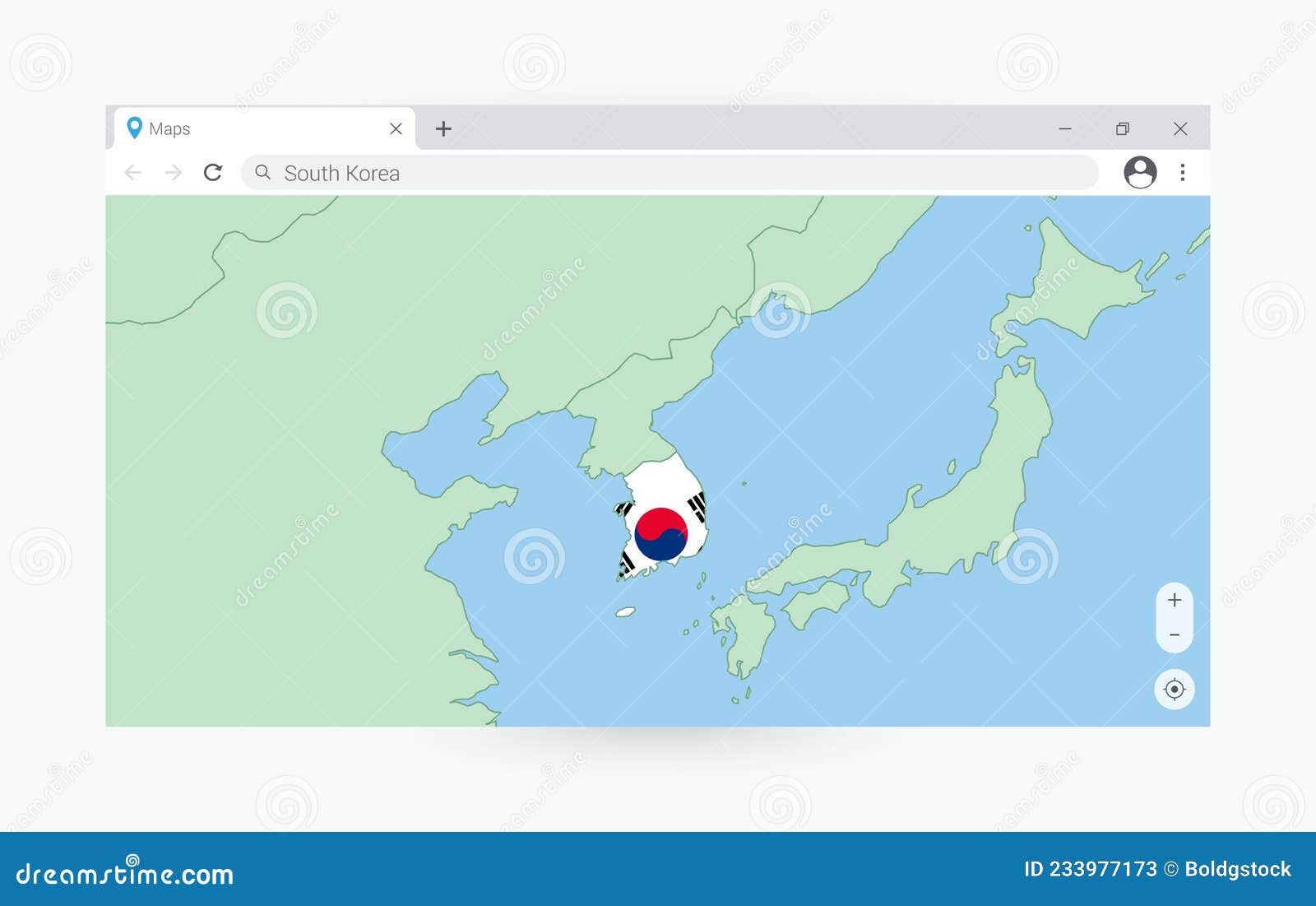 Browser Window with Map of South Korea, Searching South Korea in