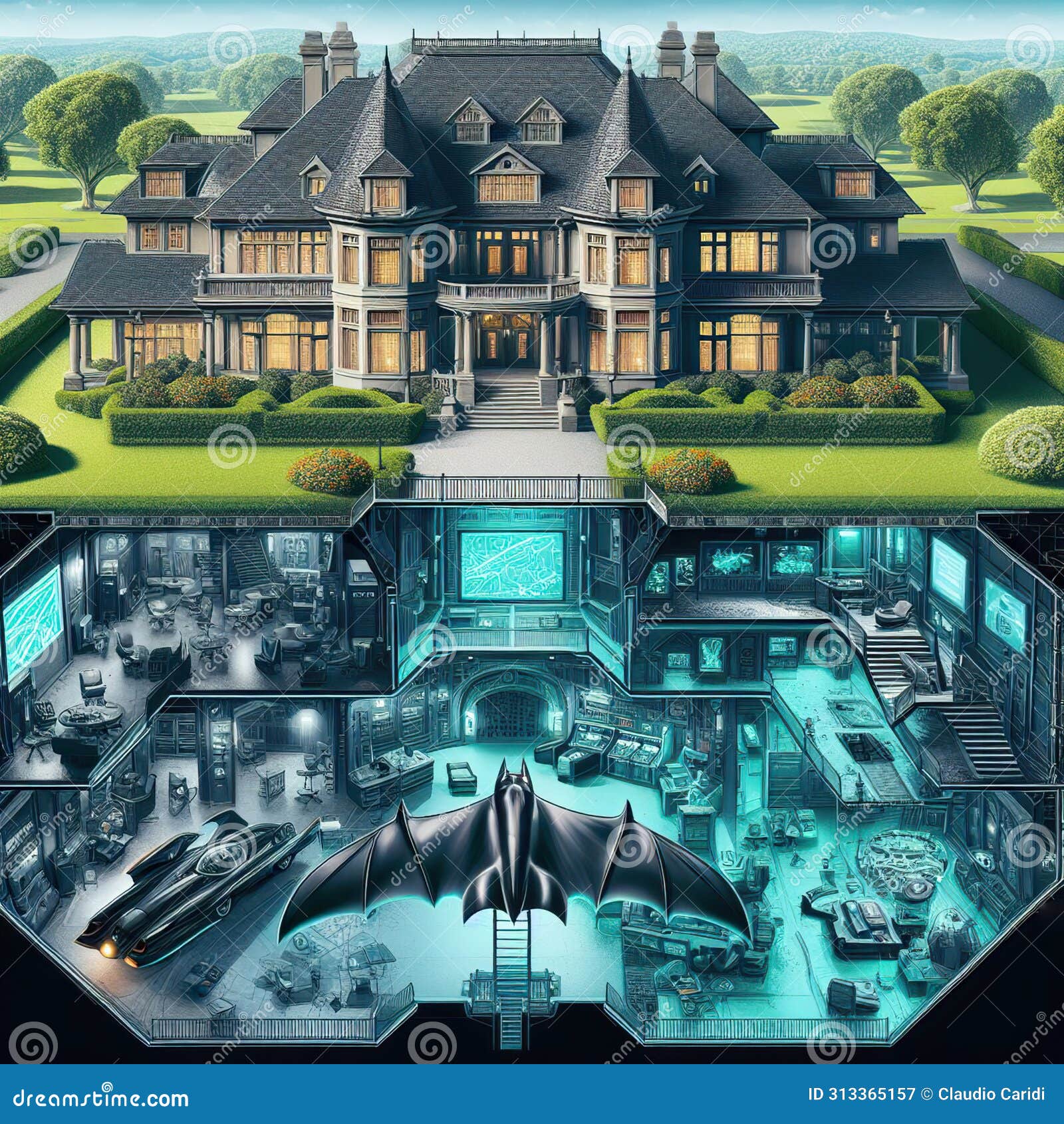 bruce wayne manor and below an x-ray vision of the batman batcave.