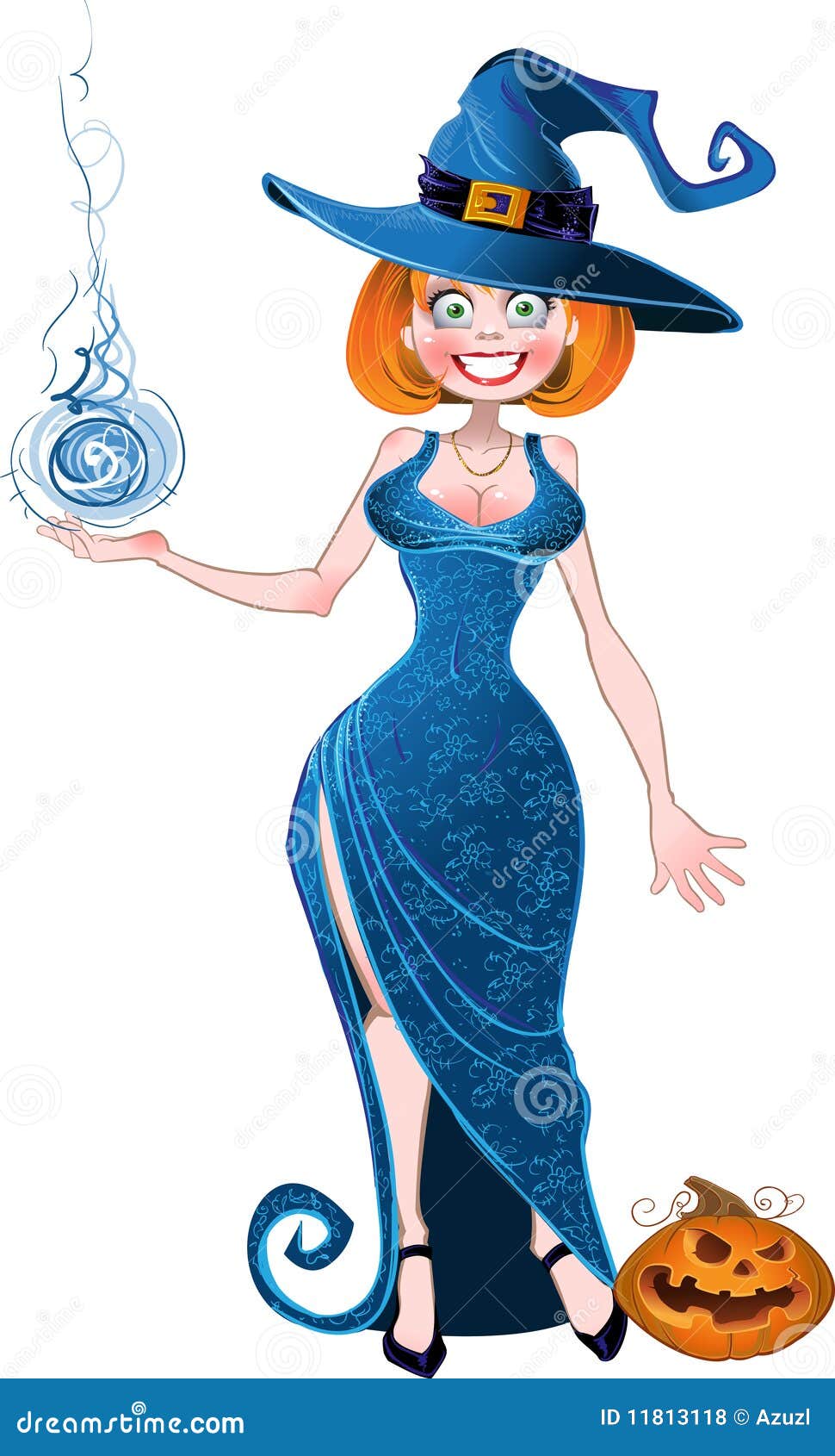 Bruja Bonita Con La Bola De Fuego En Alineada Y Pumpk Azules Stock de  ilustración - Ilustración de vacaciones, juego: 11813118