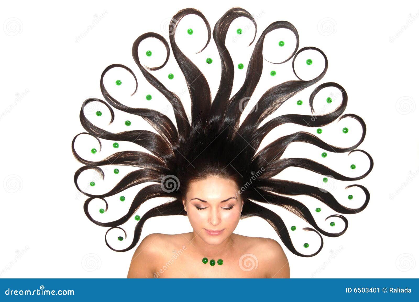 brunet girls hair decorated with green stones