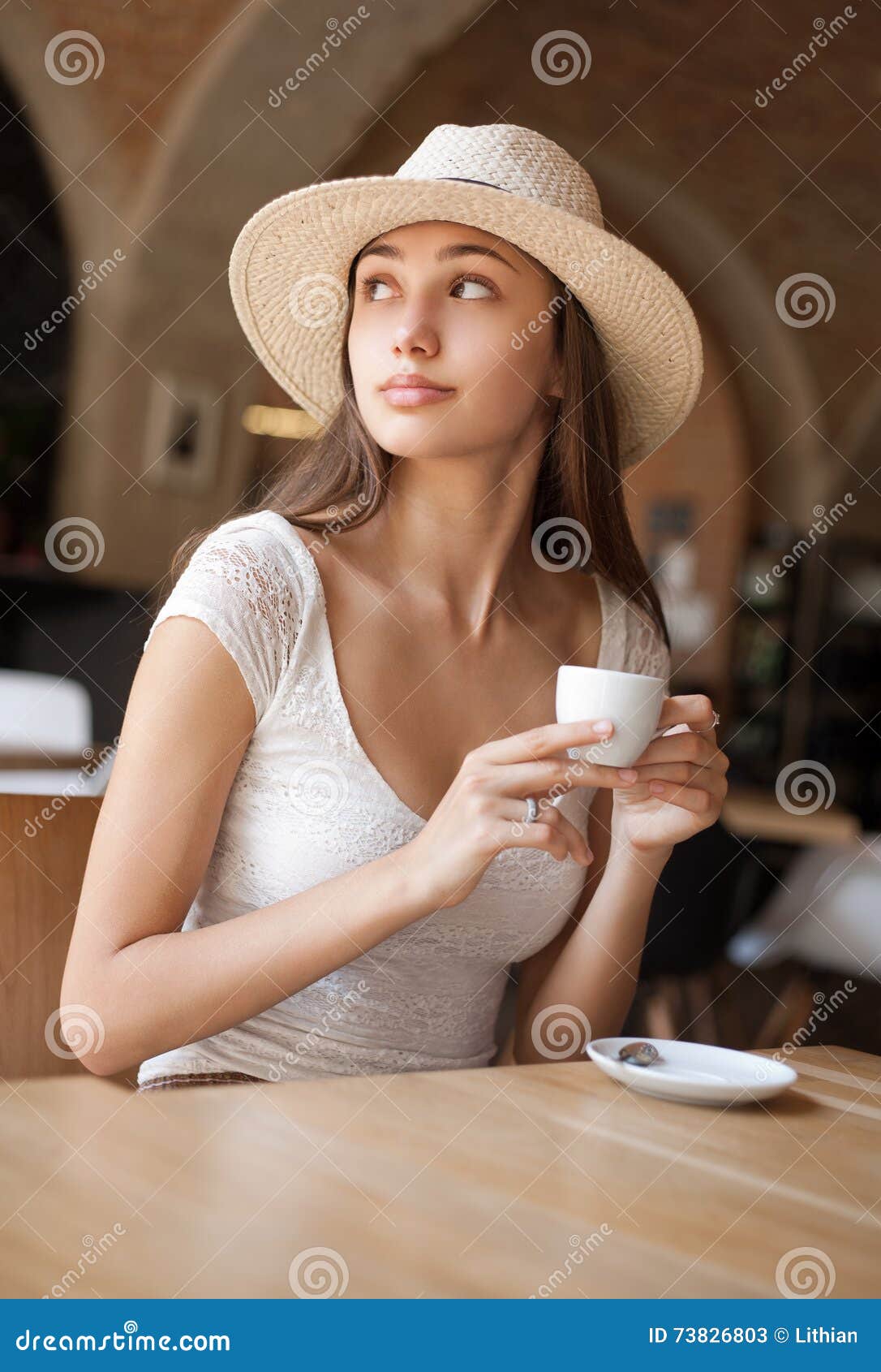 Brunette Beauty Having Coffee Stock Image Image Of Female Holding 73826803