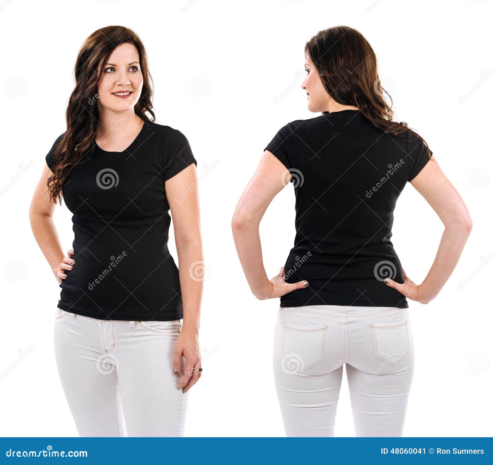 Brunette With Blank Black Shirt And White Pants Stock Photo ...
