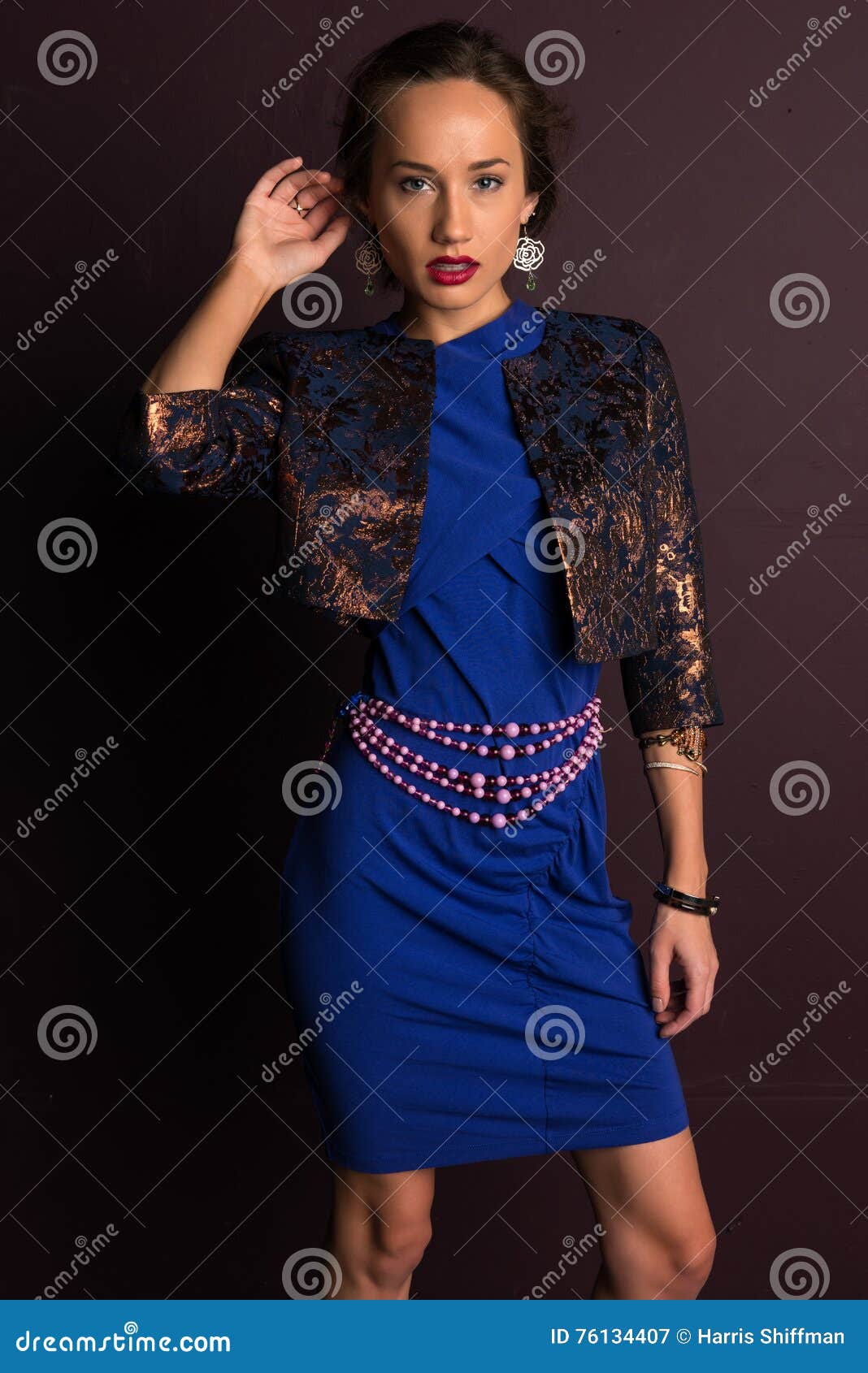 Brunette in blue stock image. Image of young, woman, dress - 76134407