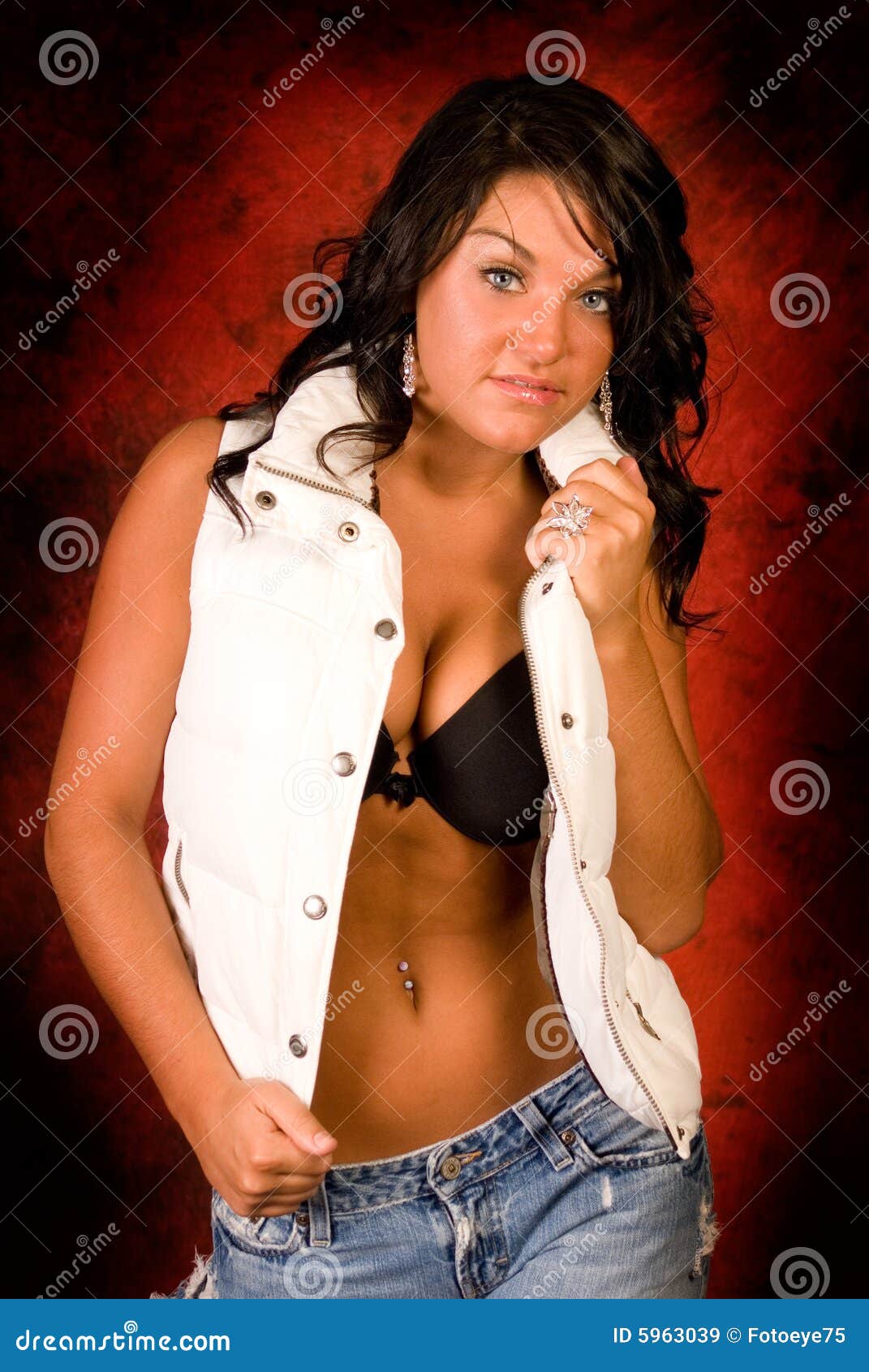 Young Sexy Brunette Wearing Black Bra, White Shirt And Blue Jeans Stock  Photo, Picture and Royalty Free Image. Image 53116717.