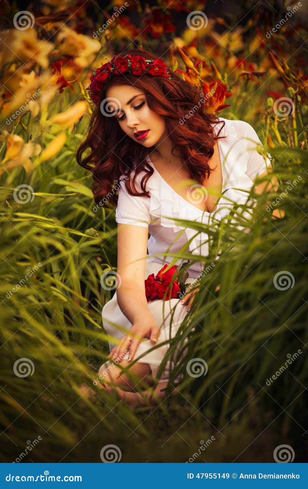 Brunette Caucasian Woman in White Dress at the Park in Red and Yellow ...