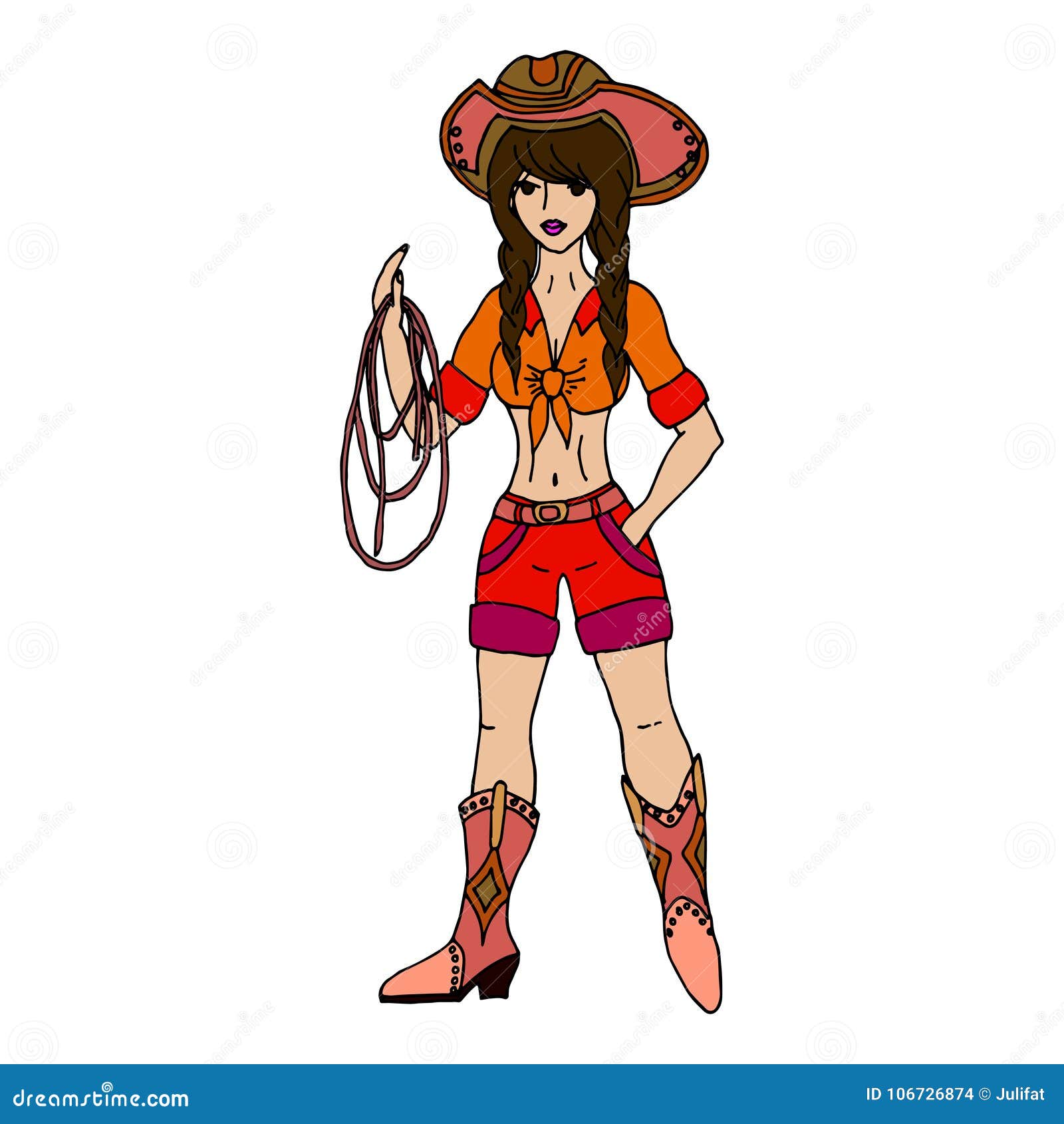 Brunette Cowgirl with Lasso. Vector Illustration. Isolated on White  Background Stock Vector - Illustration of female, rodeo: 106726874