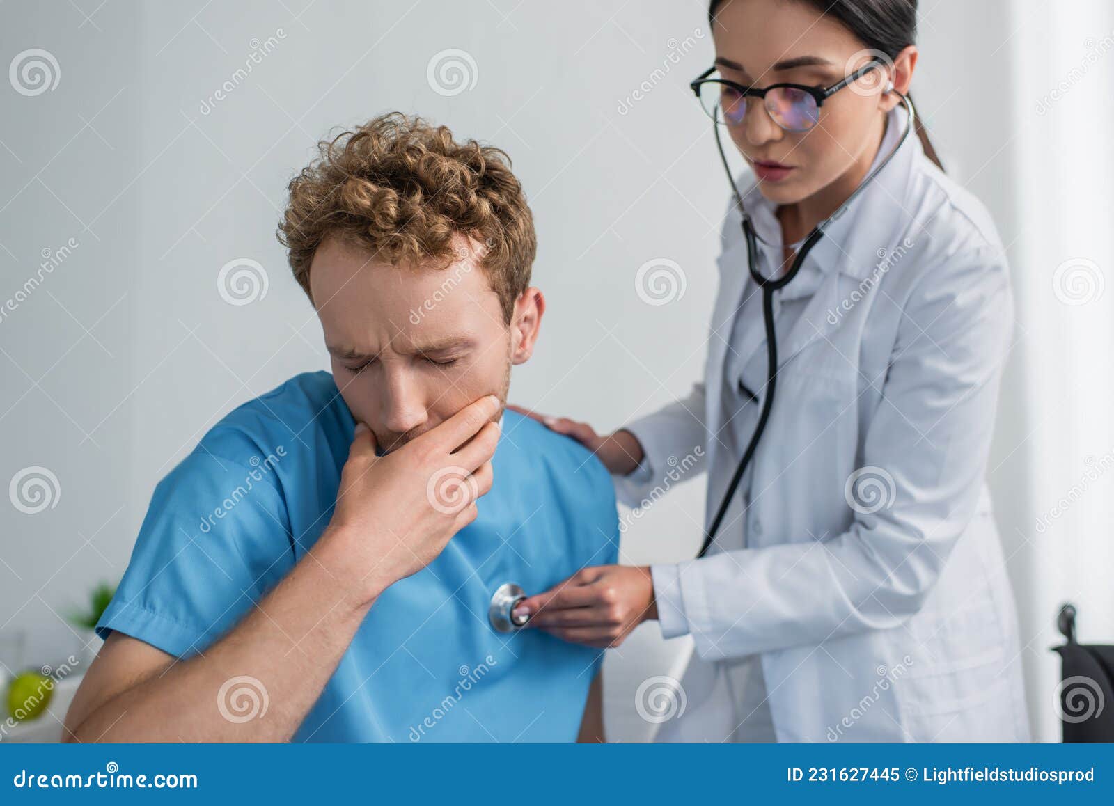 Brunette Doctor In Glasses Examining Sick Stock Image Image Of Caucasian Curly 231627445 