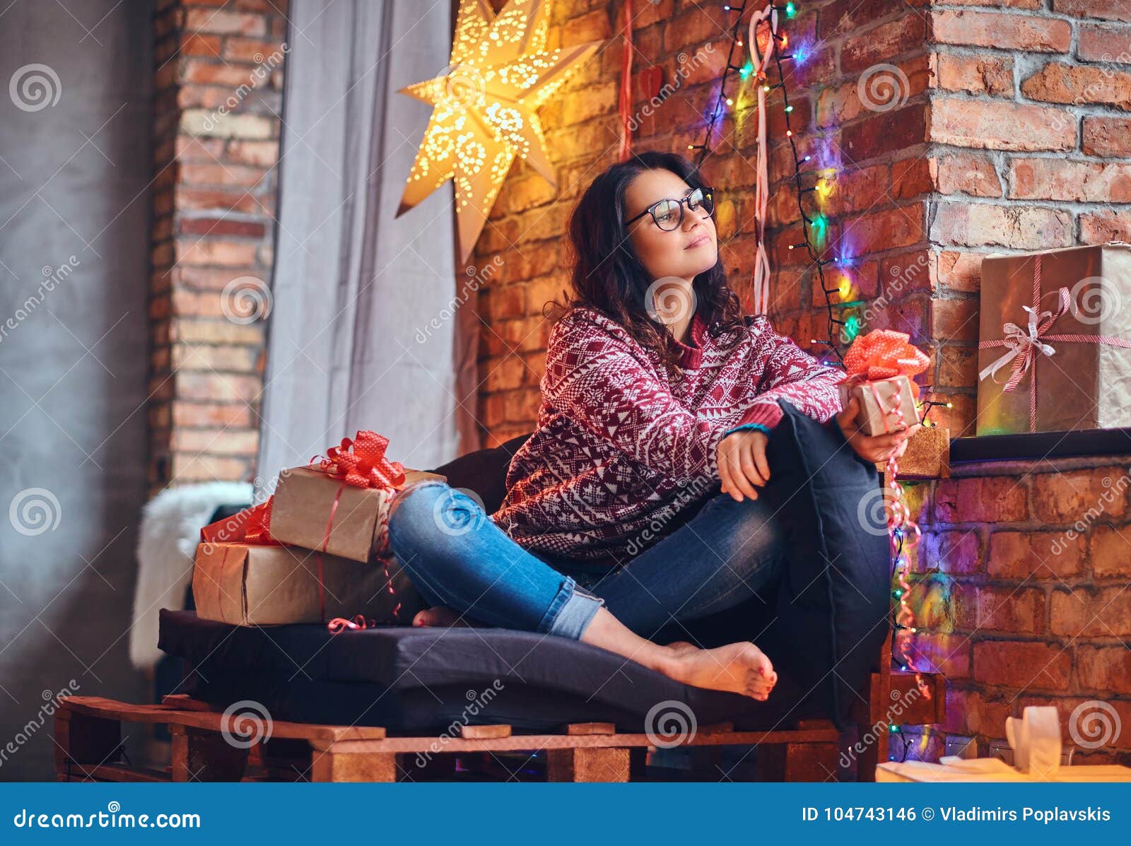 Brunette Female In A Room With Christmas Decoration Stock Photo Image Of Loft Santa