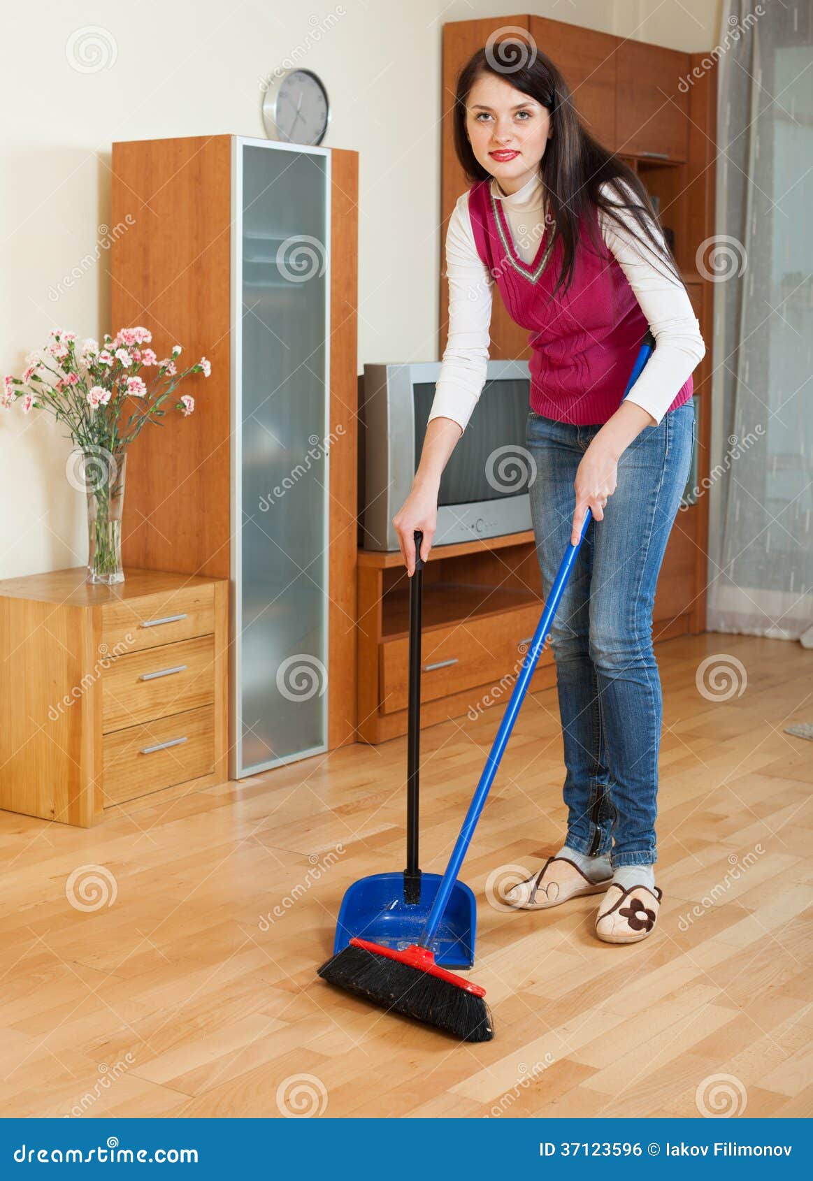 Girl with Dustpan and Brush Stock Photo Image of cleaner