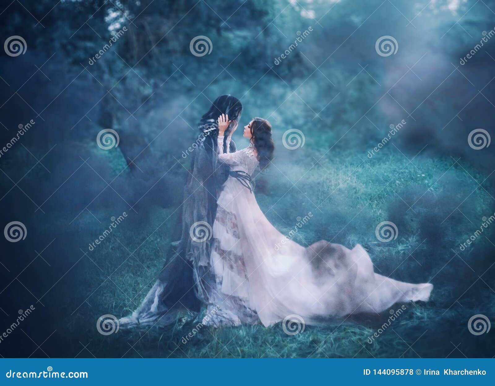 brunette girl ghost and spirit of nightly mysterious cold blue forest, lady in white vintage lace dress with long flying