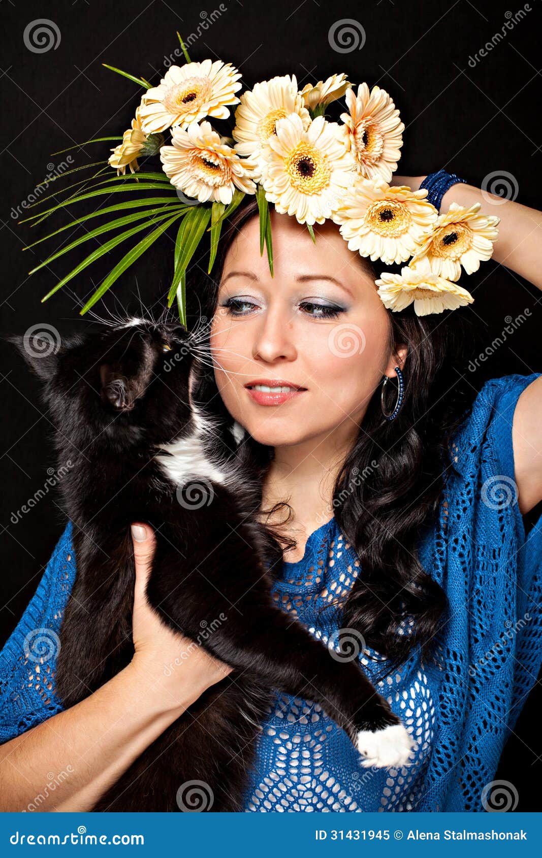 Brunette Girl And Her Cat Stock Image Image Of Happiness