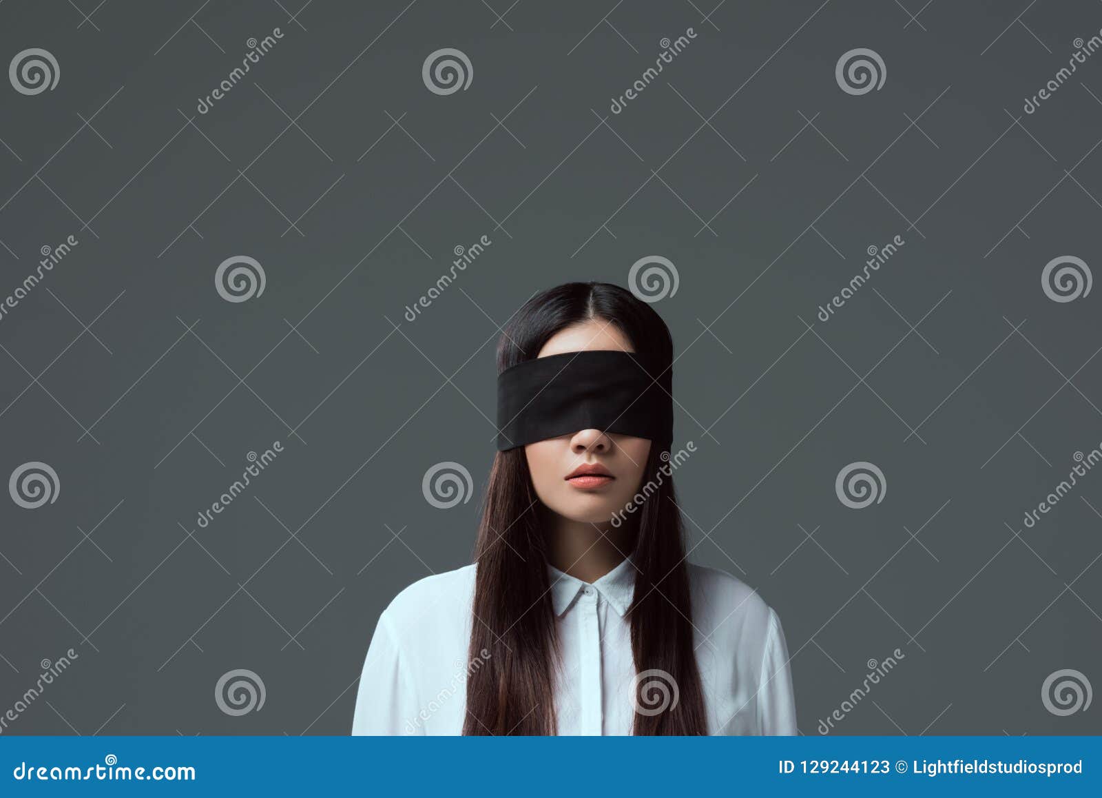 Brunette Girl Wearing Black Blindfold Stock Image Image Of Person Black 129244123