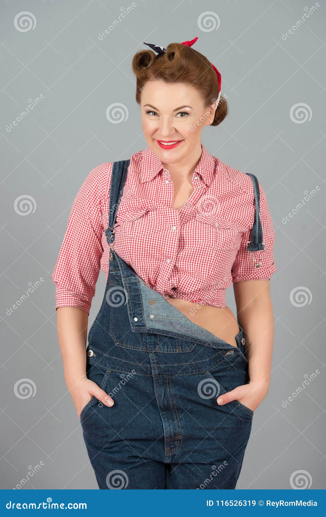 Brunette Lady in Denim and Red Shirt on Gray Background. Girl with Curls  and Red Head Scarf in American Worker Style in Studio Stock Image - Image  of adult, hairstyle: 116526319