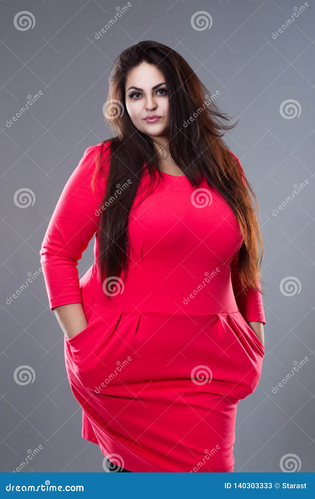 Brunette Plus Size Fashion Model in Red Dress, Fat Woman with Long Hair ...