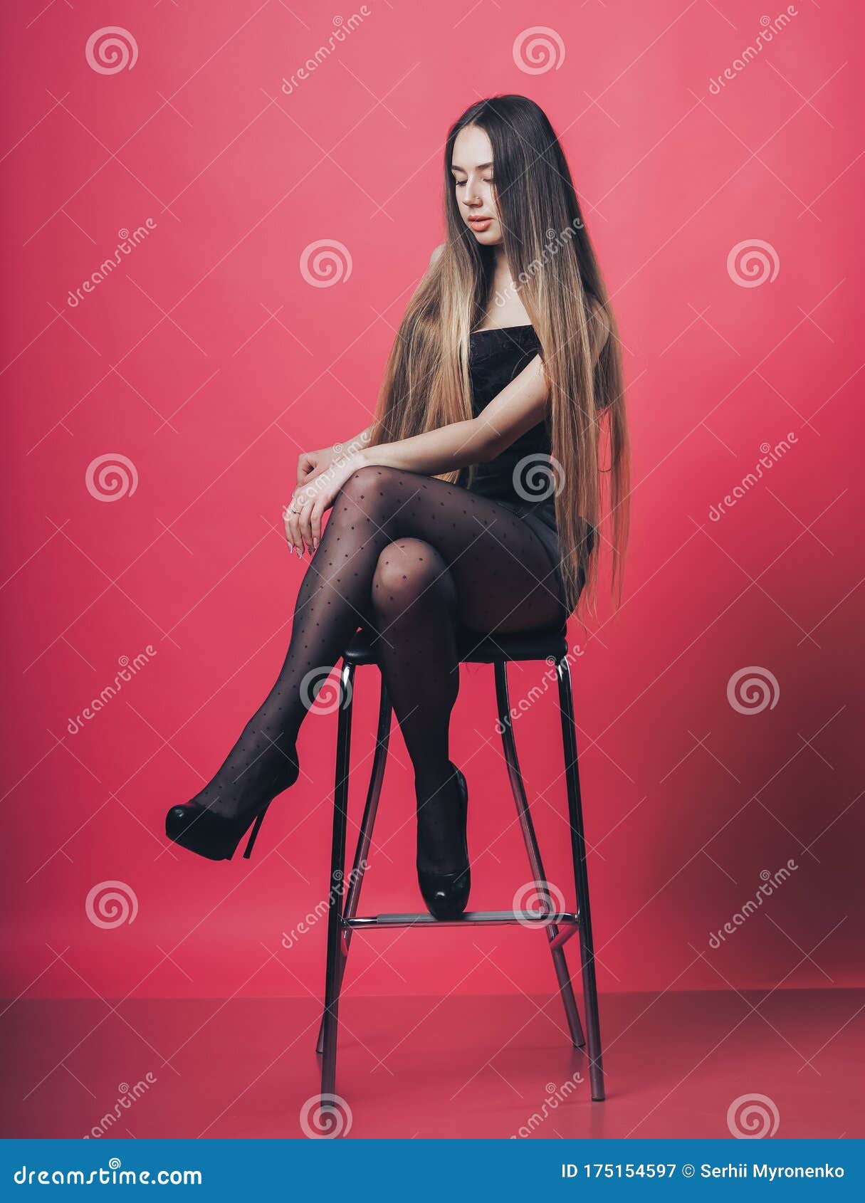 Brunette Girl Posing at the Pink Background Stock Image - Image of ...