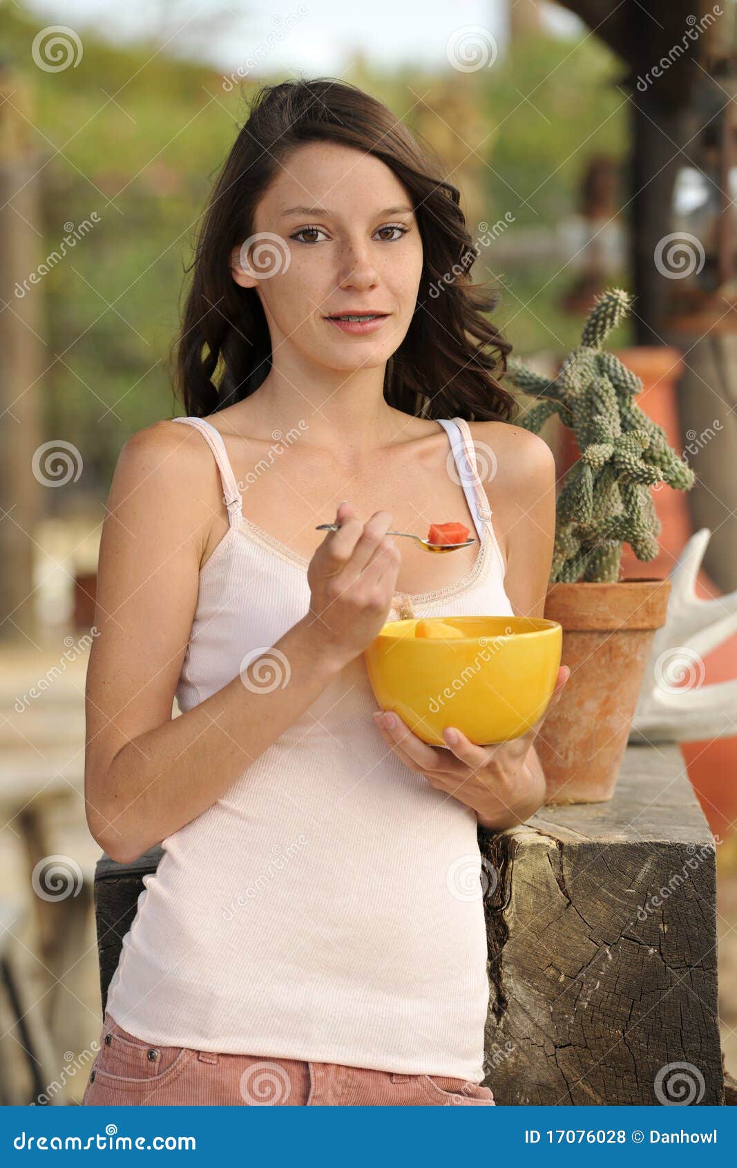 Brunette Teen Eating Healthy Snack Stock Photo Image