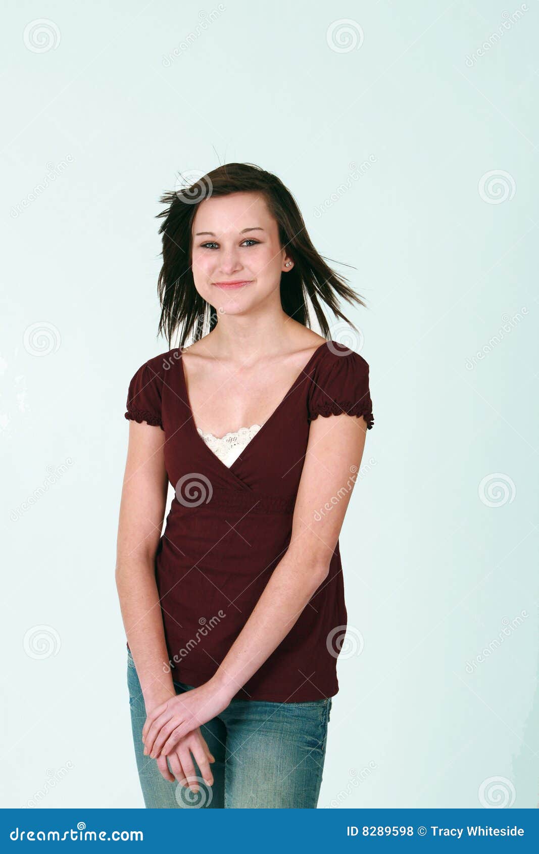 Brunette Teen Girl With Blowing Hair Stock Photo