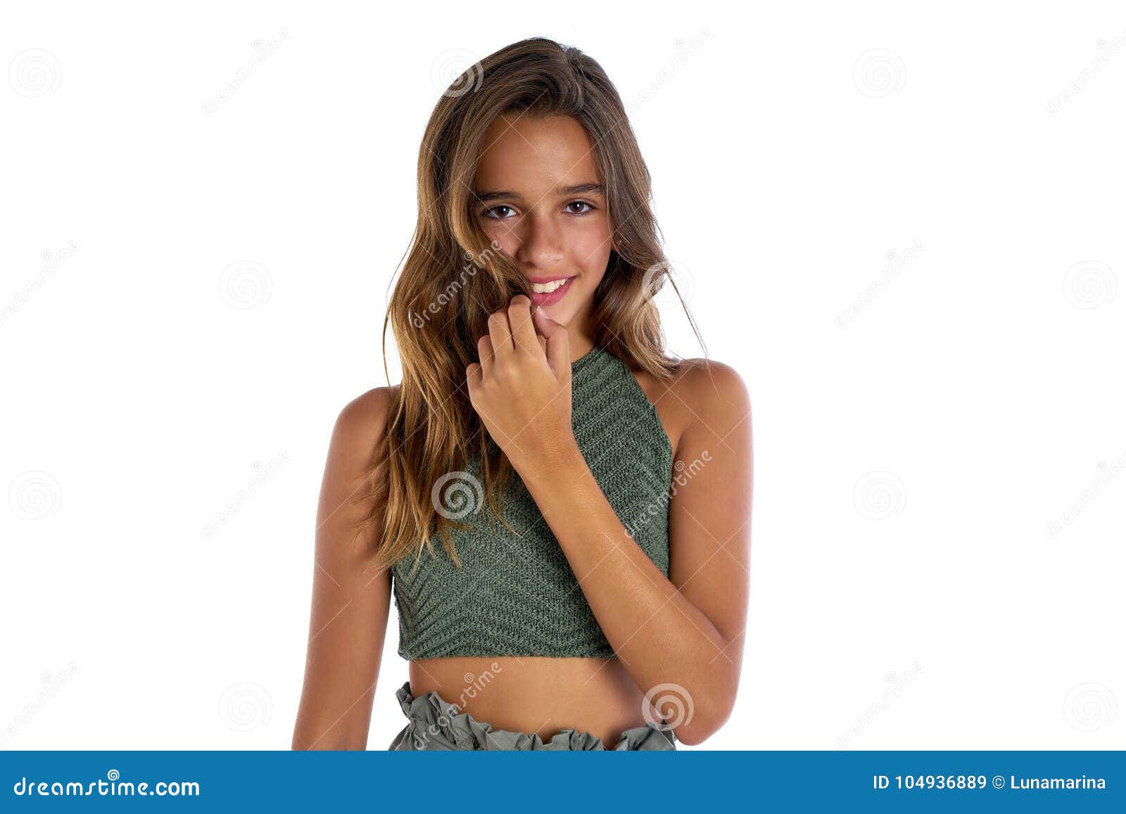 Brunette Teen Girl Portrait Smiling On White Stock Ima