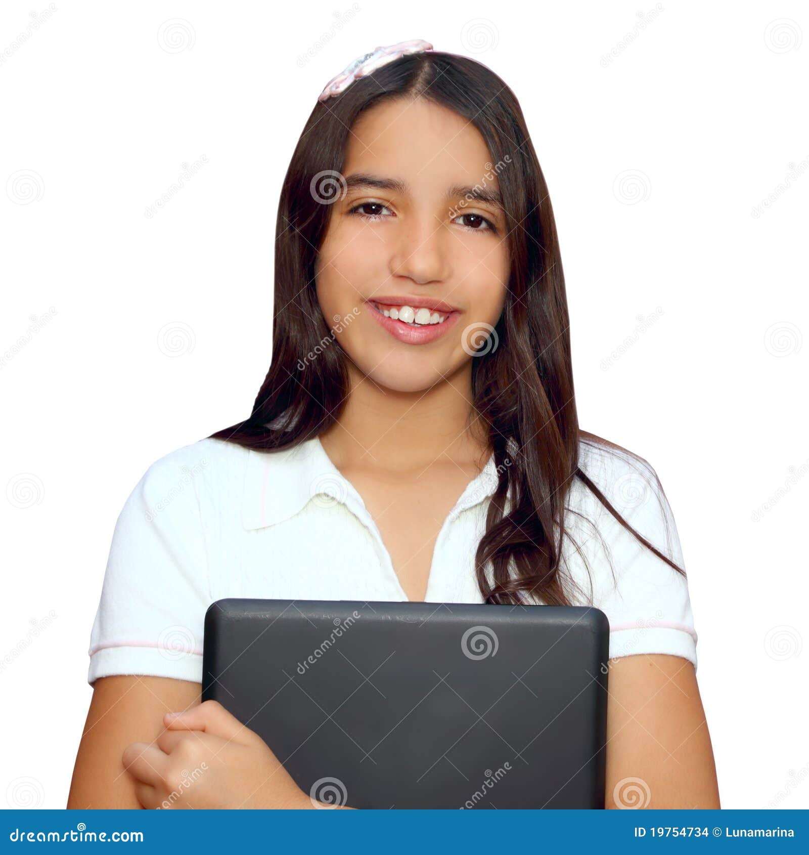 Brunette Teen Student Indian Latin Holding Laptop Stock