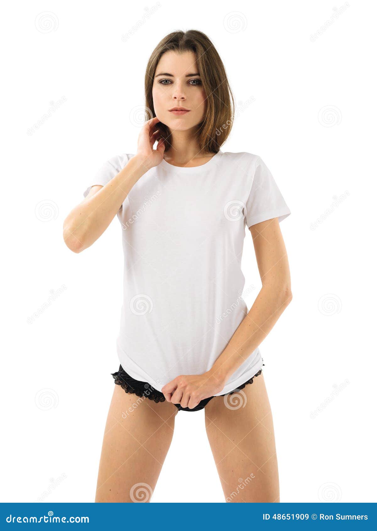 Brunette Wearing Blank White Shirt and Panties Stock Image - Image