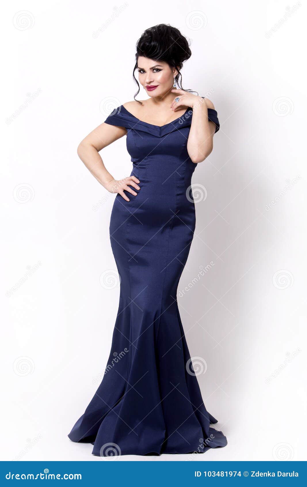 Brunette Wearing Navy Long Evening Gown Stock Photo Image