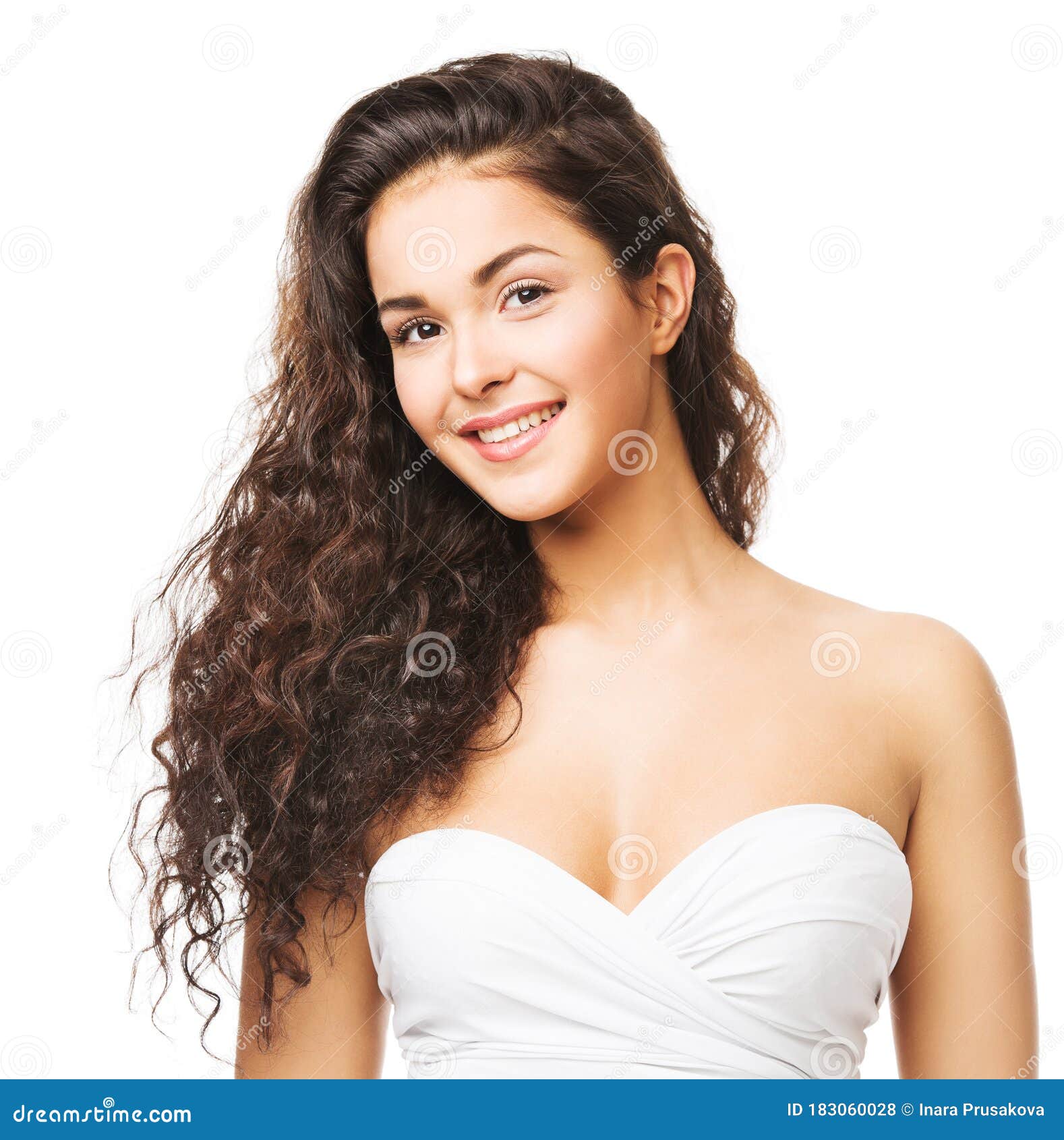Brunette Woman with Long Wavy Hair. Beautiful Smiling Girl Portrait, Curly  Hairstyle on White Stock Photo - Image of background, cute: 183060028