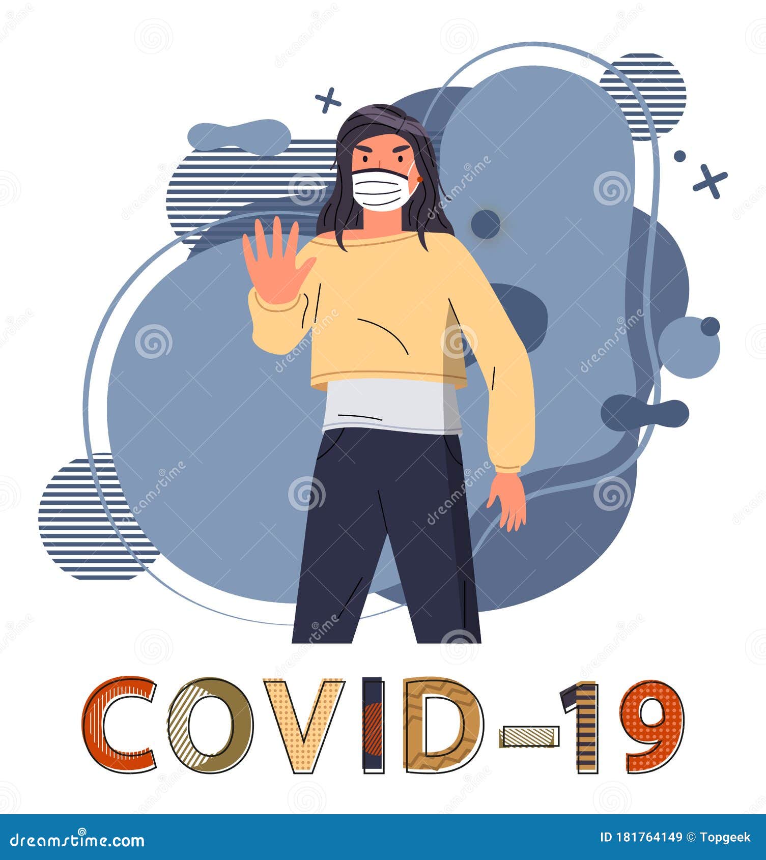 brunette woman in medical mask call to stop spreading coronavirus, world epidemy of covid19