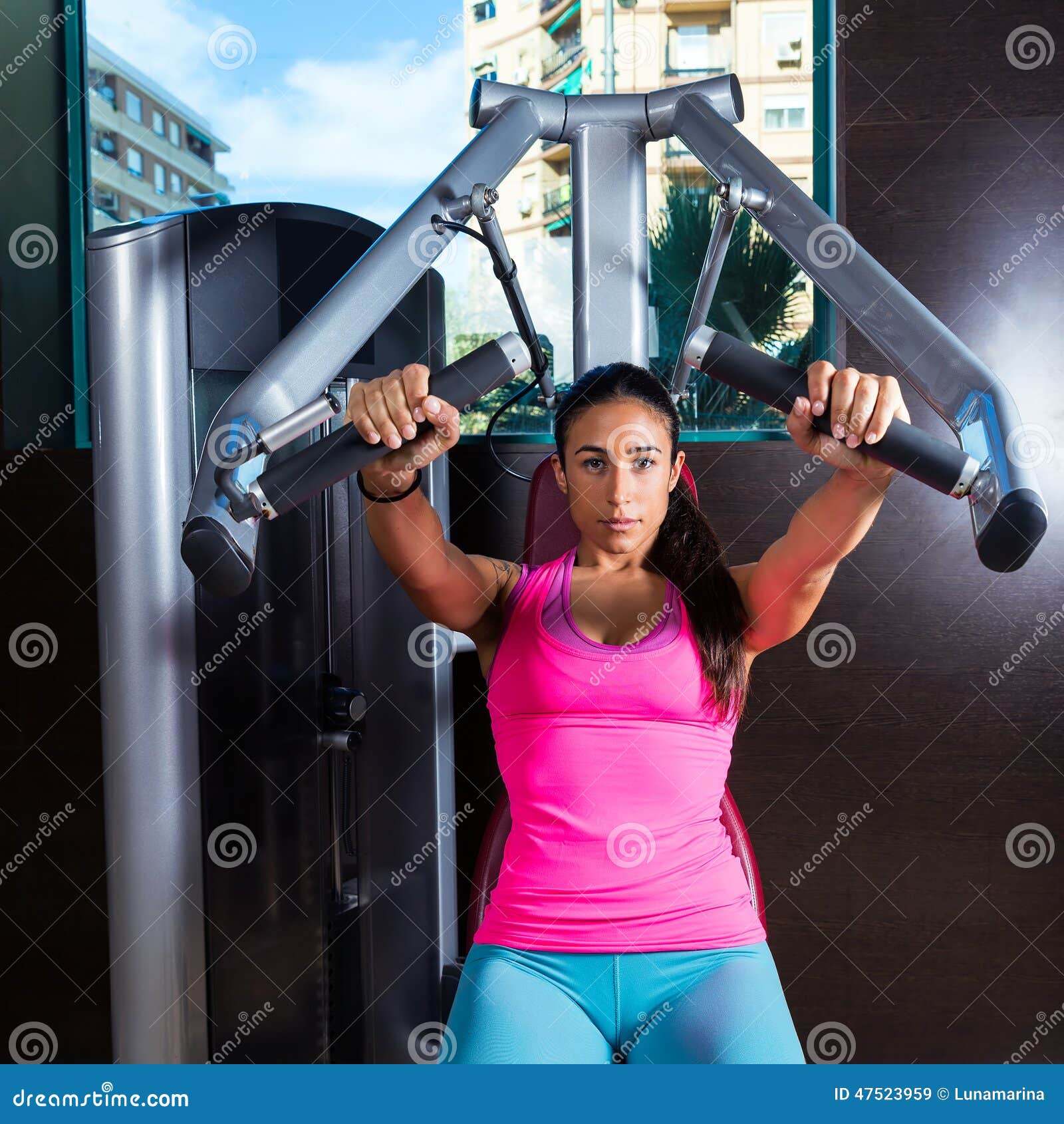 Brunette Woman Seated Chest Press Machine Gym Stock Image - Image