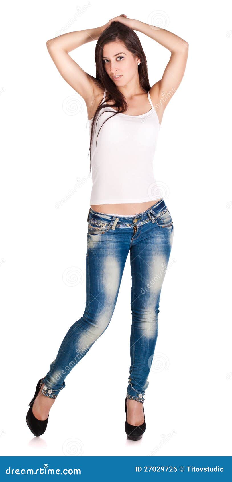 Brunette Woman in White T-shirt and Blue Jeans Stock Photo - Image of ...