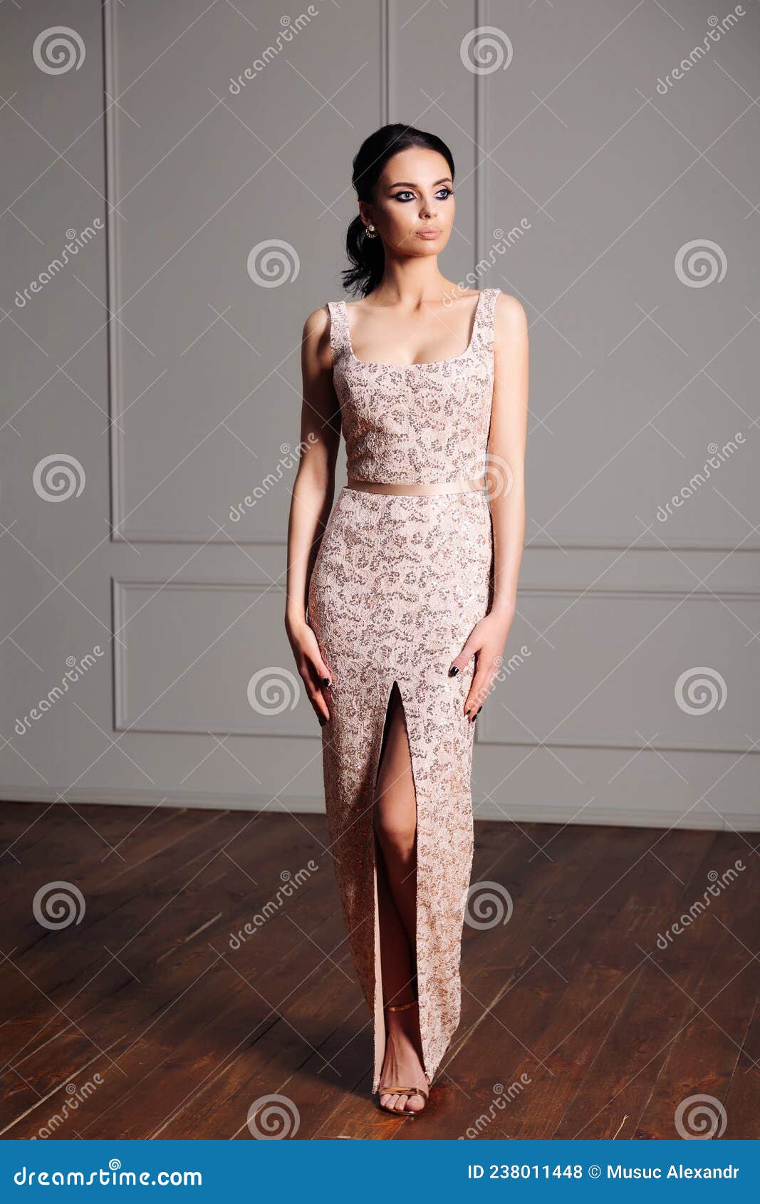 Brunette Young Woman in Beige Evening Dress, Stock Photo - Image of ...