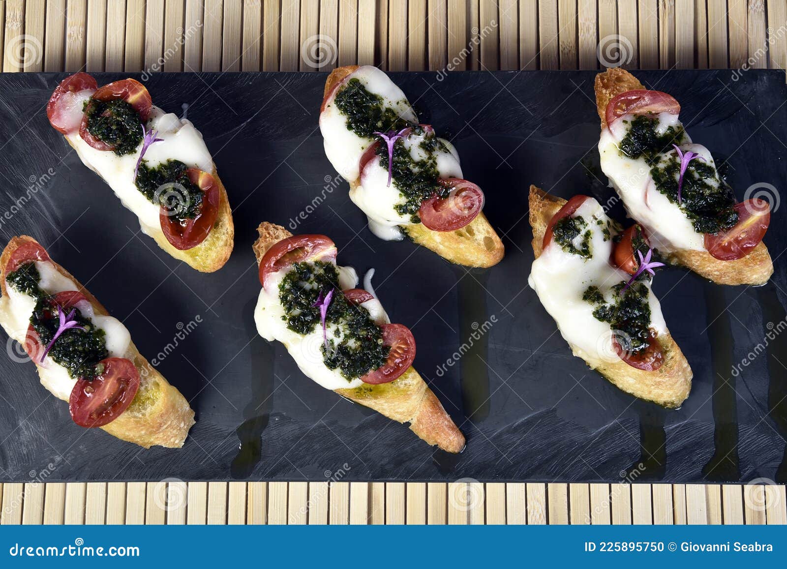 Bruschetta Bread with Pesto Cheese and Tomatoes Stock Photo Image of antipasti, gourmet 225895750
