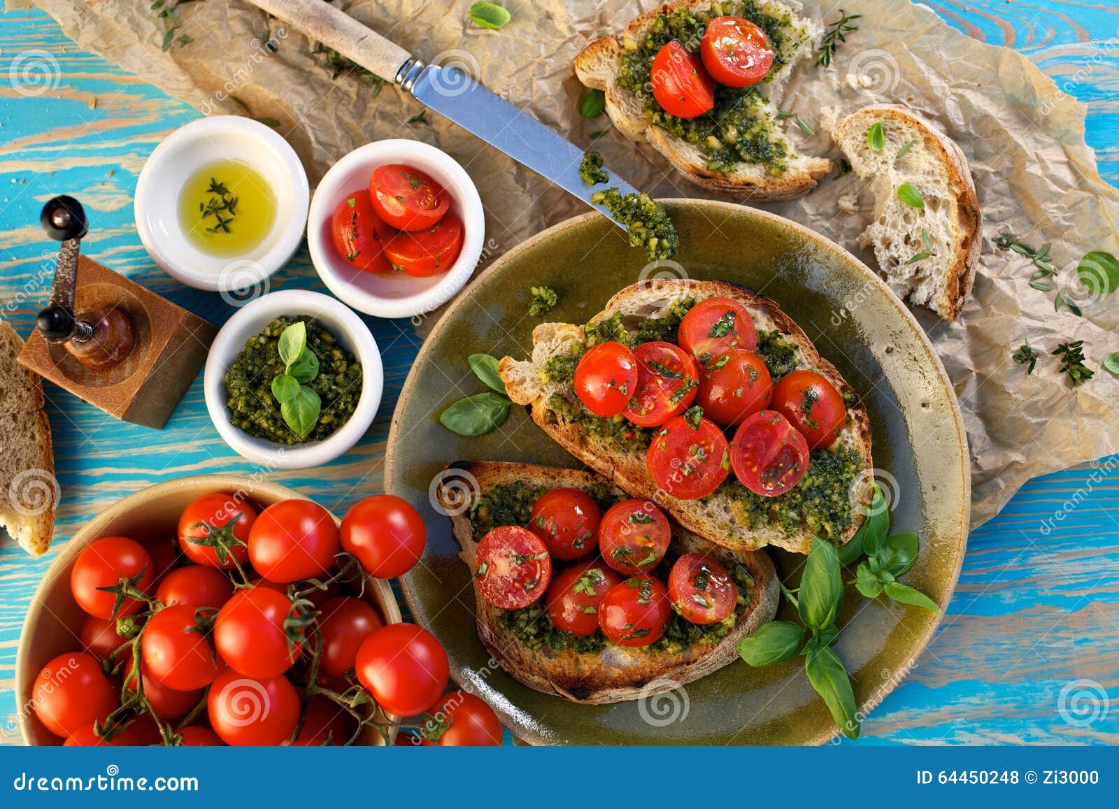 Bruschetta with Cherry Tomato and Herb Pesto Stock Photo Image of