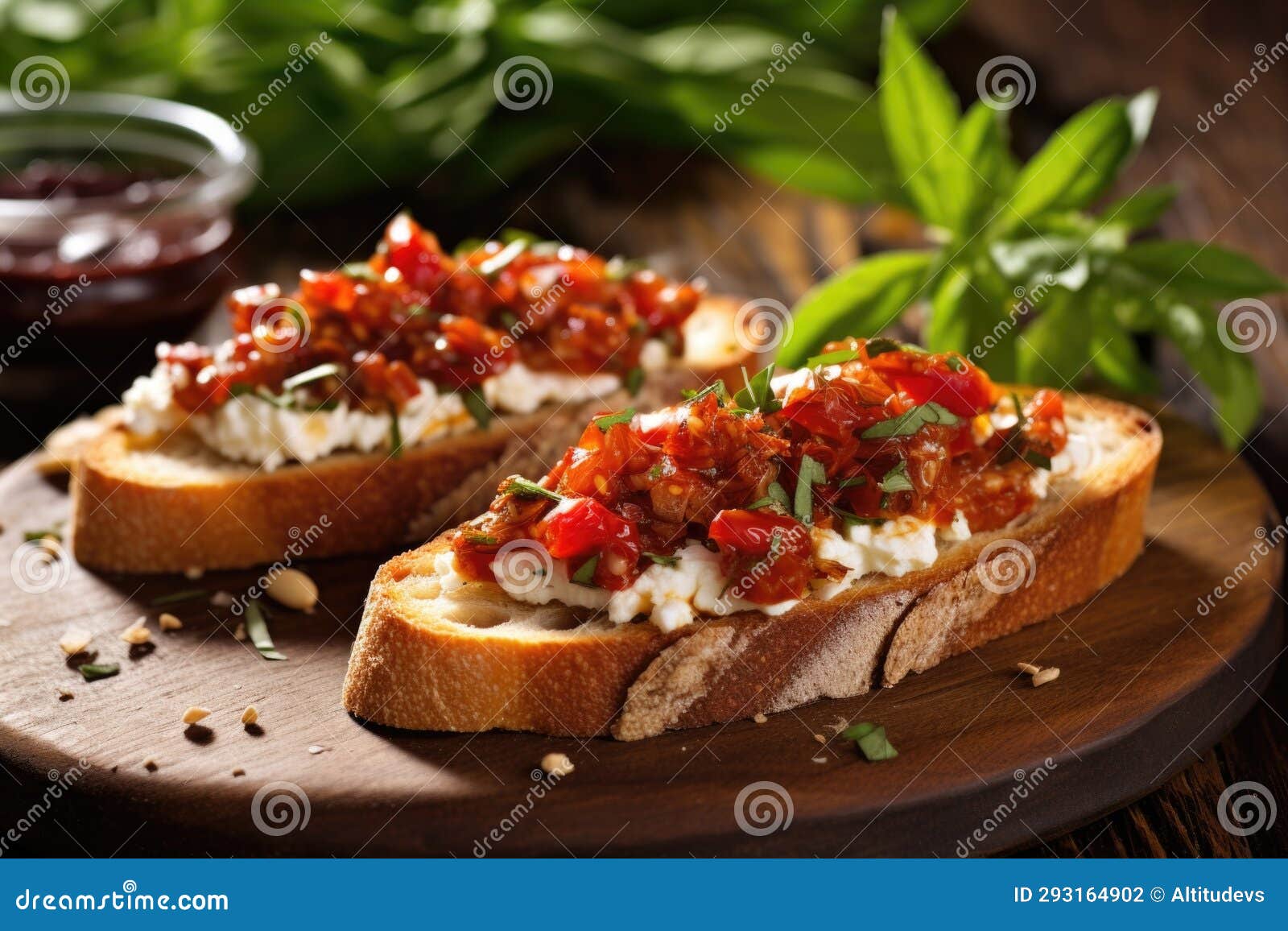 Bruschetta with Goat Cheese and Sundried Tomatoes on a Rustic Tabletop