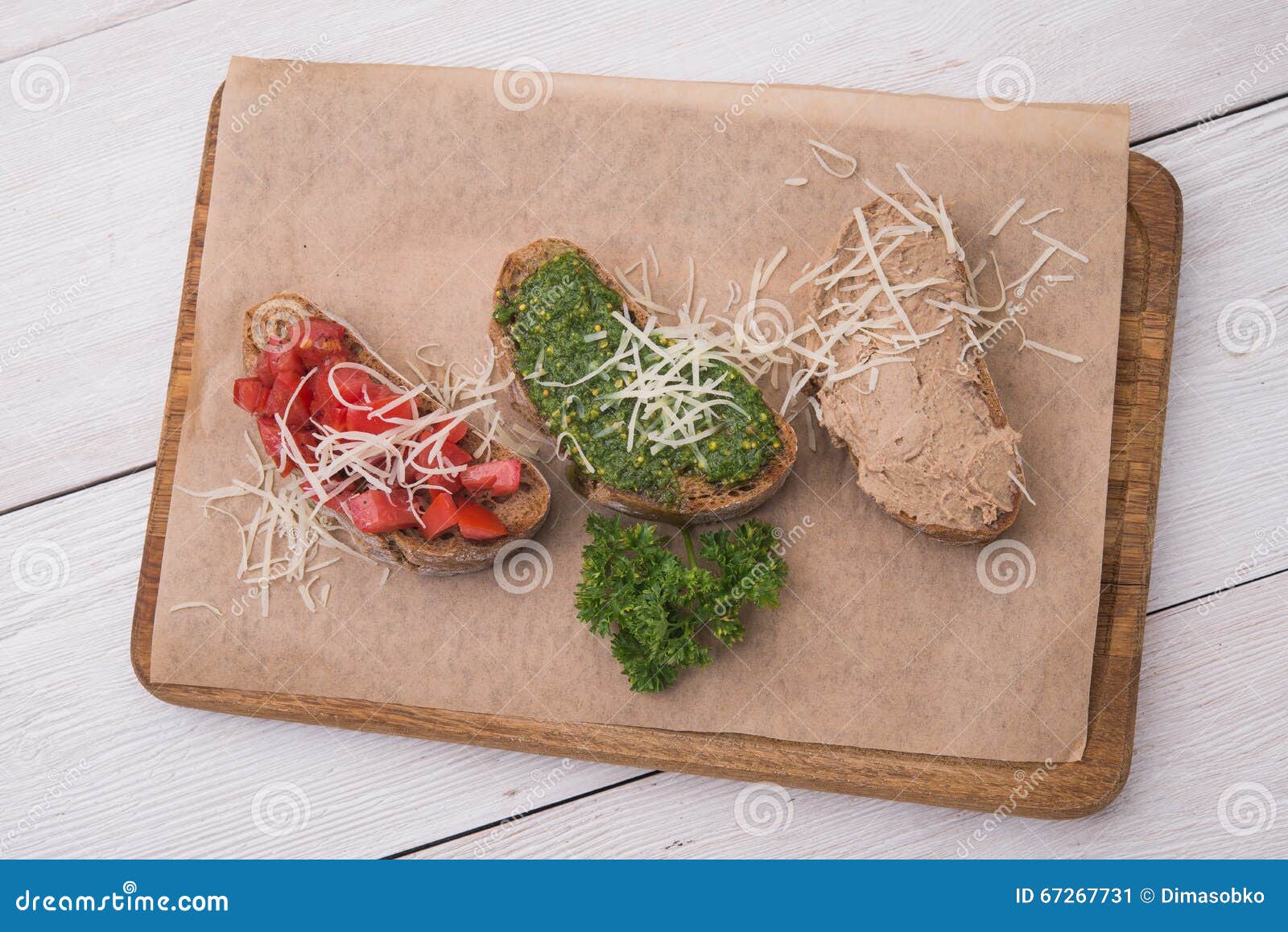 Bruschetta with Liver Pate, Herbs and Tomatoes Stock Image Image of