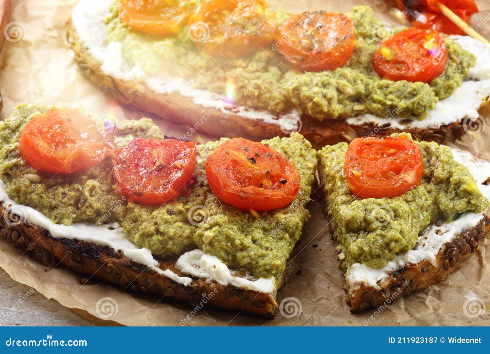 Bruschetta with Mozzarella, Fresh Pesto and Cherry Roasted Tomatoes