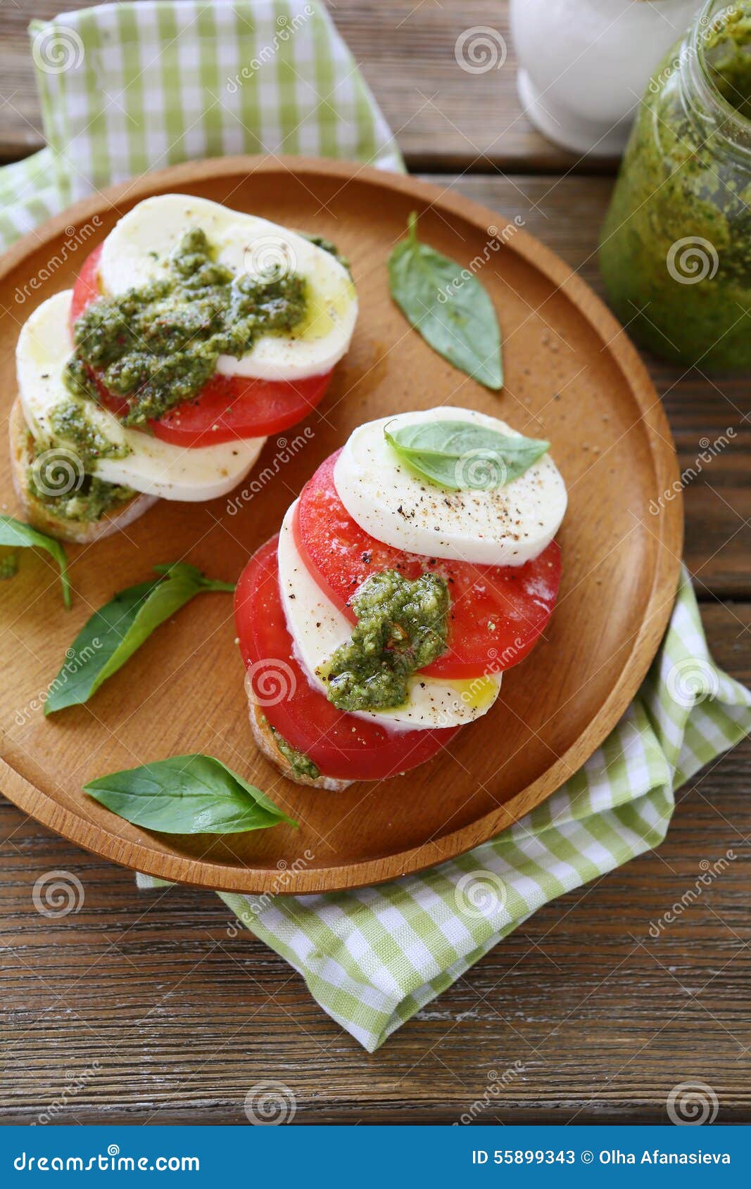 Bruschetta with Mozzarella and Pesto Stock Image Image of food