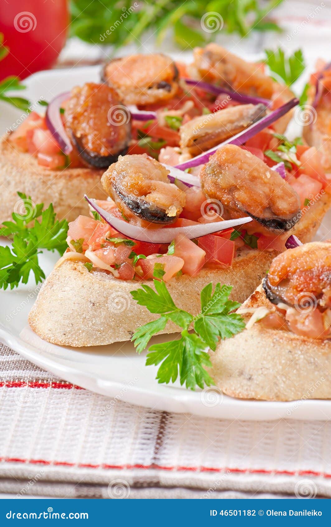 Bruschetta with mussels stock photo. Image of dinner 46501182