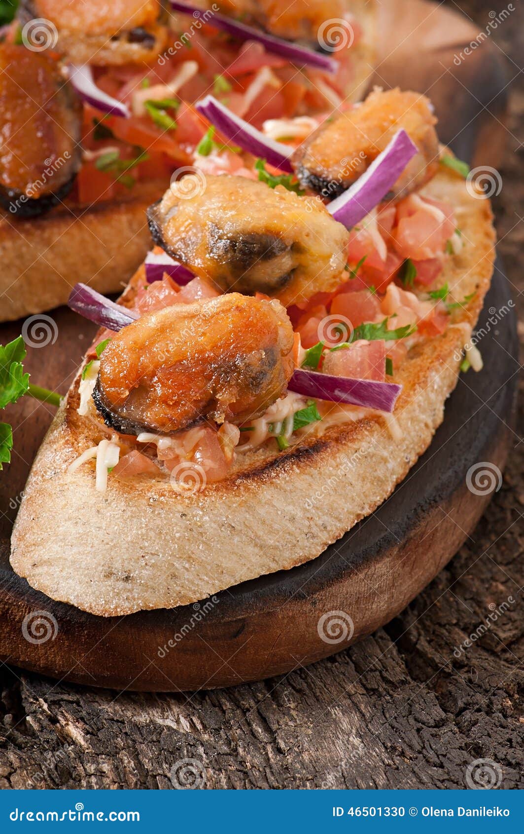 Bruschetta with mussels stock photo. Image of cooked 46501330